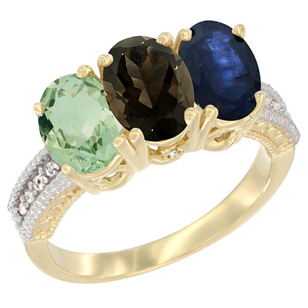 10K Yellow Gold Diamond Natural Green Amethyst, Smoky Topaz & Blue Sapphire Ring Oval 3-Stone 7x5 mm,sizes 5-10