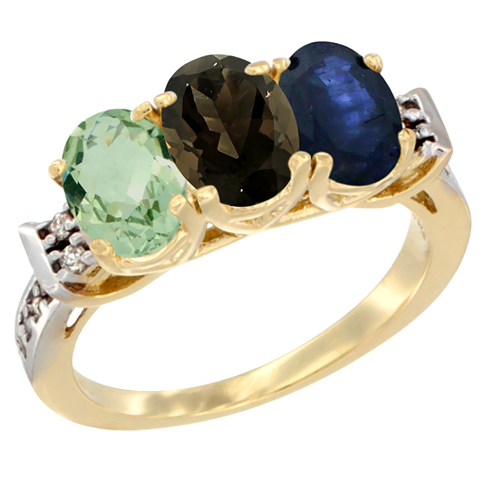 14K Yellow Gold Natural Green Amethyst, Smoky Topaz &amp; Blue Sapphire Ring 3-Stone 7x5 mm Oval Diamond Accent, sizes 5 - 10