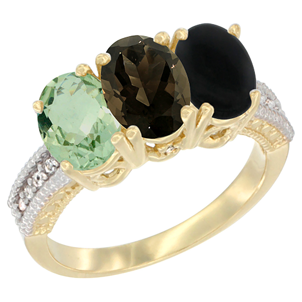 14K Yellow Gold Natural Green Amethyst, Smoky Topaz & Black Onyx Ring 3-Stone 7x5 mm Oval Diamond Accent, sizes 5 - 10