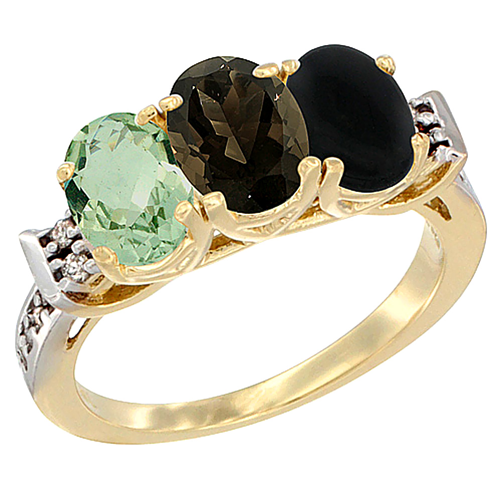 10K Yellow Gold Natural Green Amethyst, Smoky Topaz &amp; Black Onyx Ring 3-Stone Oval 7x5 mm Diamond Accent, sizes 5 - 10