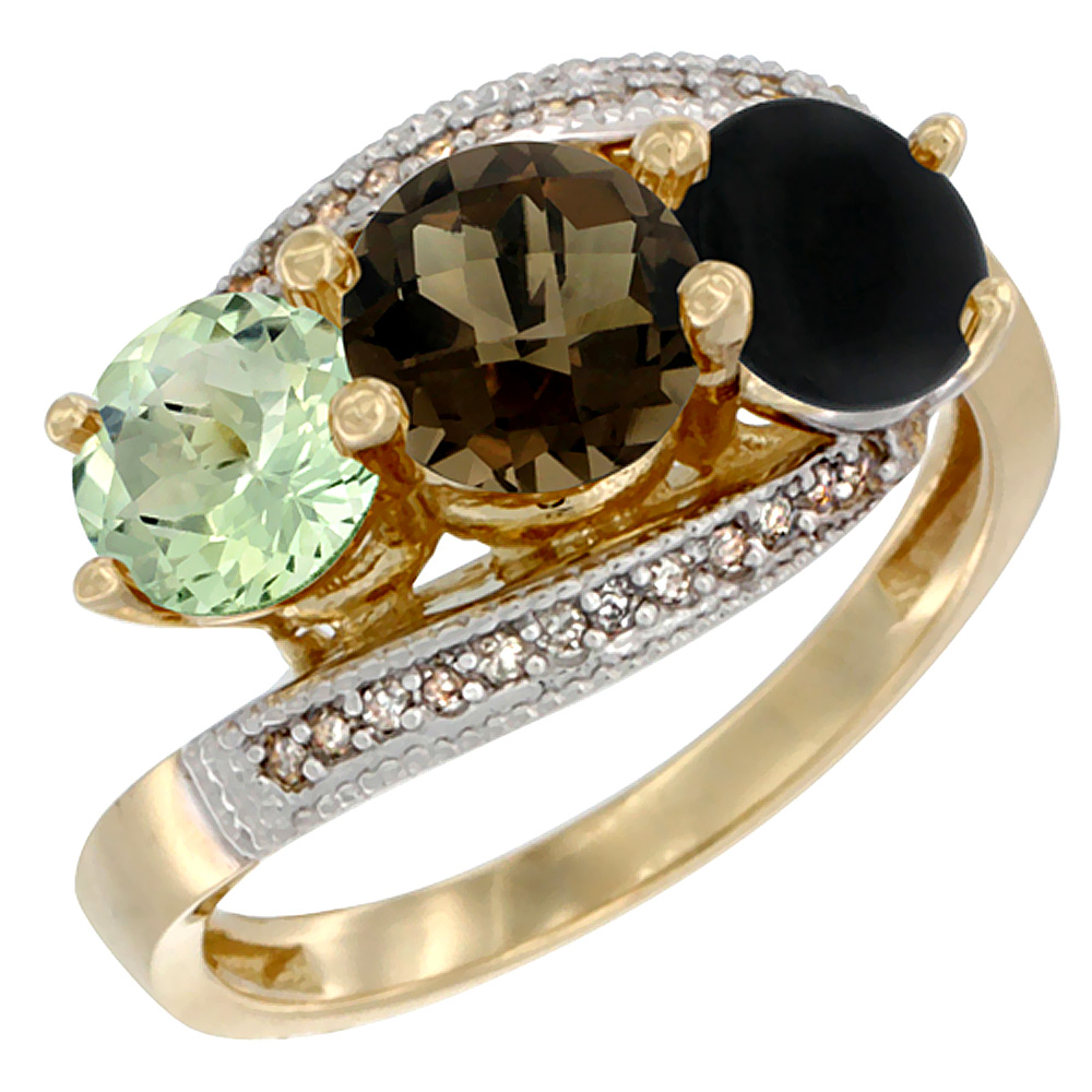 10K Yellow Gold Natural Green Amethyst, Smoky Topaz & Black Onyx 3 stone Ring Round 6mm Diamond Accent, sizes 5 - 10