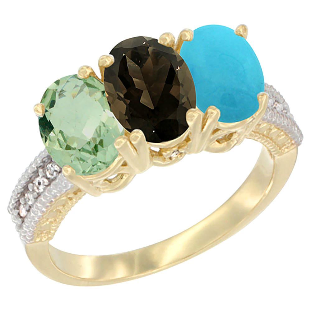 14K Yellow Gold Natural Green Amethyst, Smoky Topaz &amp; Turquoise Ring 3-Stone 7x5 mm Oval Diamond Accent, sizes 5 - 10