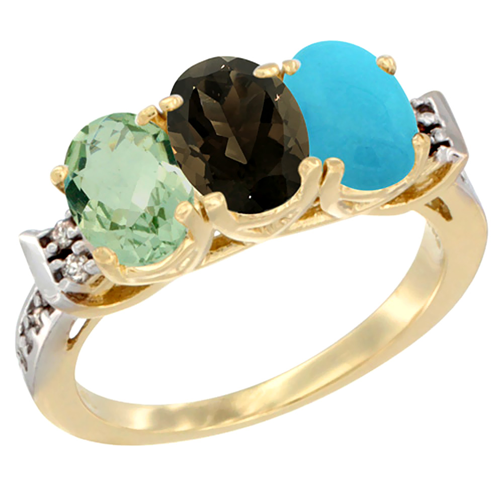10K Yellow Gold Natural Green Amethyst, Smoky Topaz & Turquoise Ring 3-Stone Oval 7x5 mm Diamond Accent, sizes 5 - 10