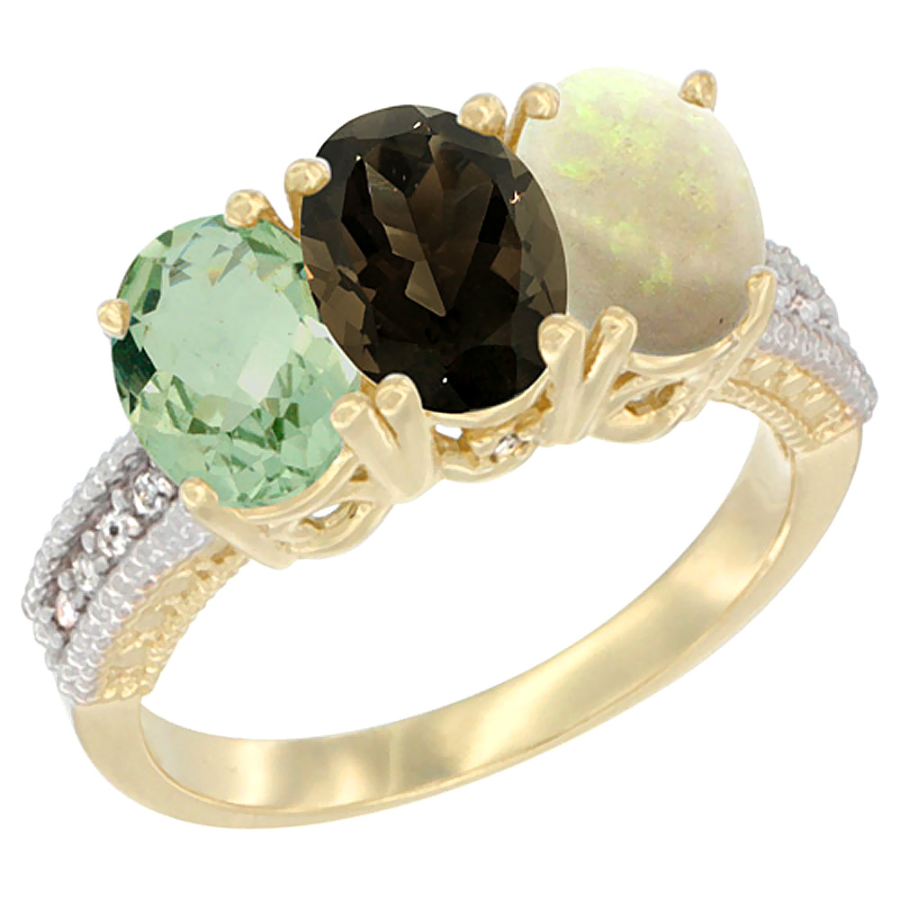 14K Yellow Gold Natural Green Amethyst, Smoky Topaz & Opal Ring 3-Stone 7x5 mm Oval Diamond Accent, sizes 5 - 10