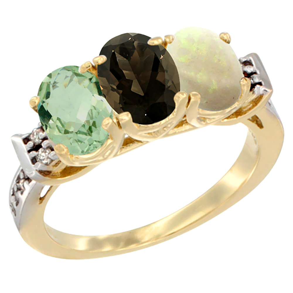 10K Yellow Gold Natural Green Amethyst, Smoky Topaz & Opal Ring 3-Stone Oval 7x5 mm Diamond Accent, sizes 5 - 10