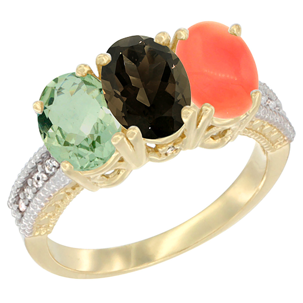 14K Yellow Gold Natural Green Amethyst, Smoky Topaz & Coral Ring 3-Stone 7x5 mm Oval Diamond Accent, sizes 5 - 10