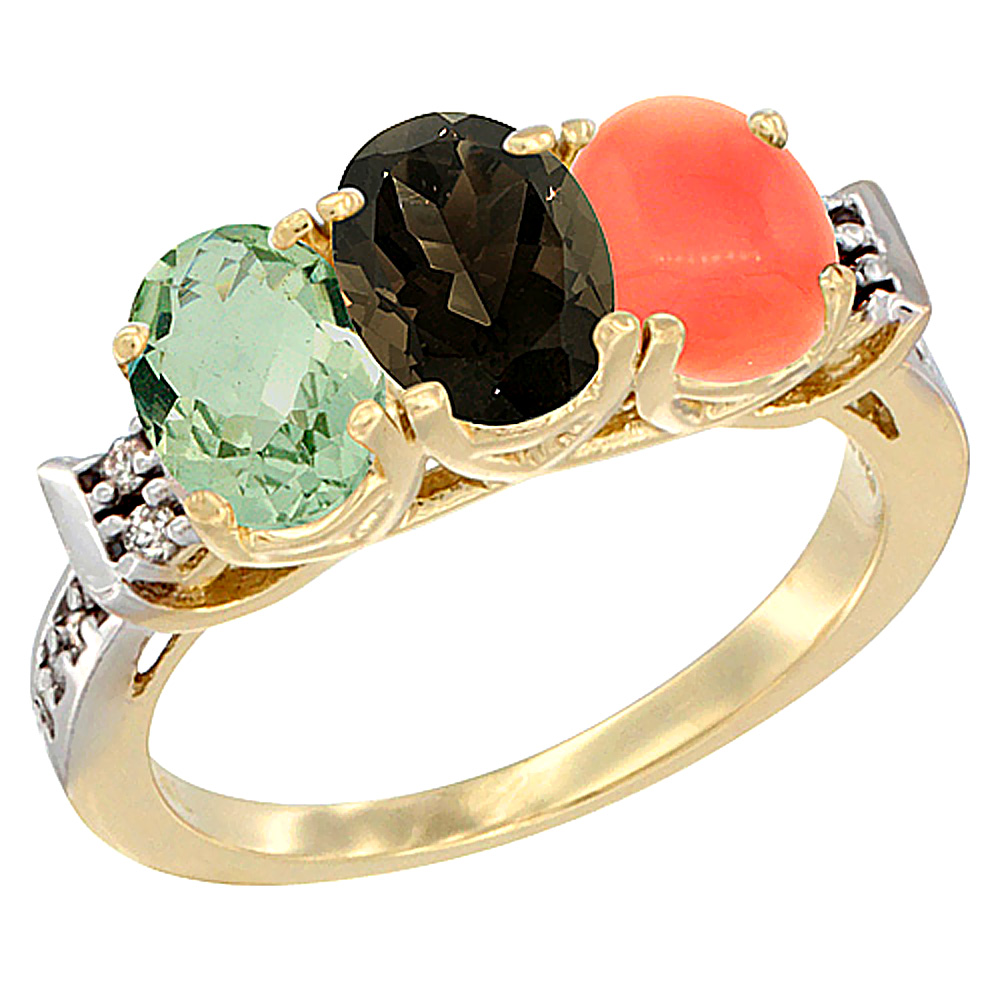 14K Yellow Gold Natural Green Amethyst, Smoky Topaz & Coral Ring 3-Stone 7x5 mm Oval Diamond Accent, sizes 5 - 10
