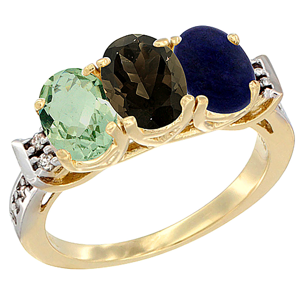 10K Yellow Gold Natural Green Amethyst, Smoky Topaz &amp; Lapis Ring 3-Stone Oval 7x5 mm Diamond Accent, sizes 5 - 10