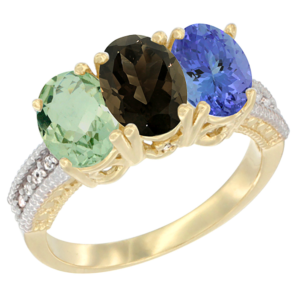 14K Yellow Gold Natural Green Amethyst, Smoky Topaz &amp; Tanzanite Ring 3-Stone 7x5 mm Oval Diamond Accent, sizes 5 - 10
