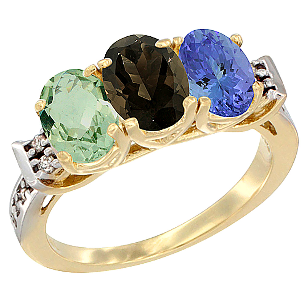 10K Yellow Gold Natural Green Amethyst, Smoky Topaz &amp; Tanzanite Ring 3-Stone Oval 7x5 mm Diamond Accent, sizes 5 - 10