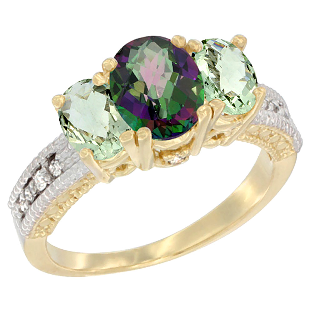 10K Yellow Gold Diamond Natural Mystic Topaz Ring Oval 3-stone with Green Amethyst, sizes 5 - 10