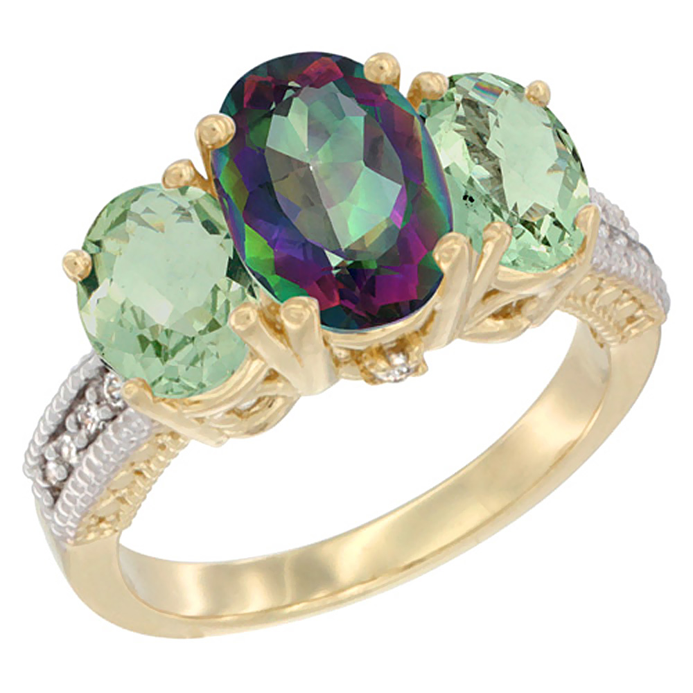14K Yellow Gold Diamond Natural Mystic Topaz Ring 3-Stone Oval 8x6mm with Green Amethyst, sizes5-10
