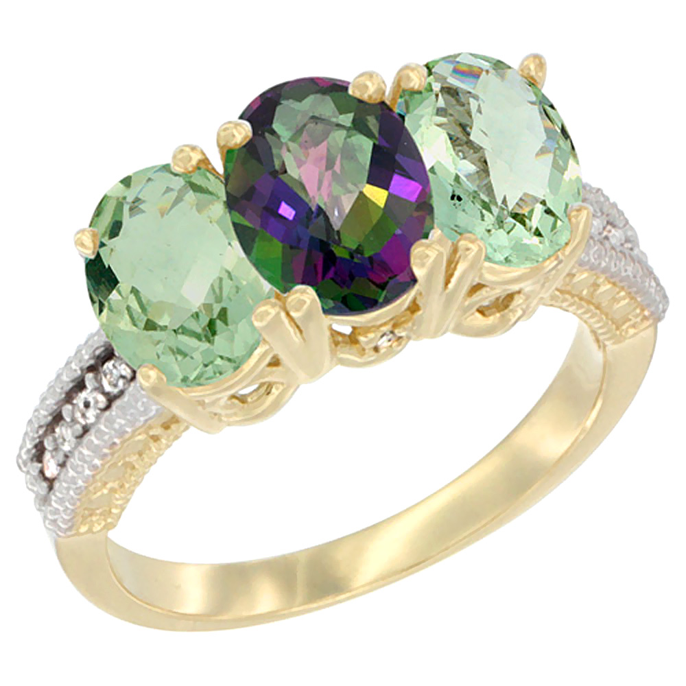 14K Yellow Gold Natural Mystic Topaz &amp; Green Amethyst Ring 3-Stone 7x5 mm Oval Diamond Accent, sizes 5 - 10