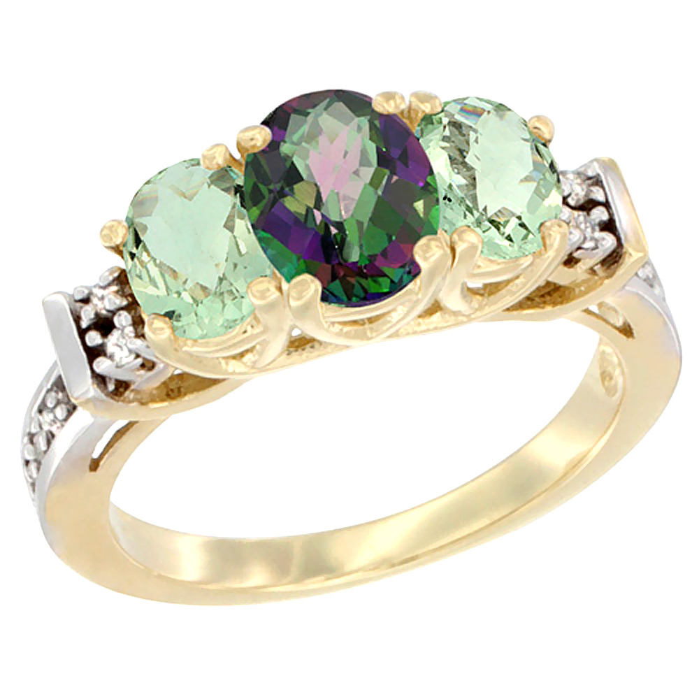 10K Yellow Gold Natural Mystic Topaz &amp; Green Amethyst Ring 3-Stone Oval Diamond Accent