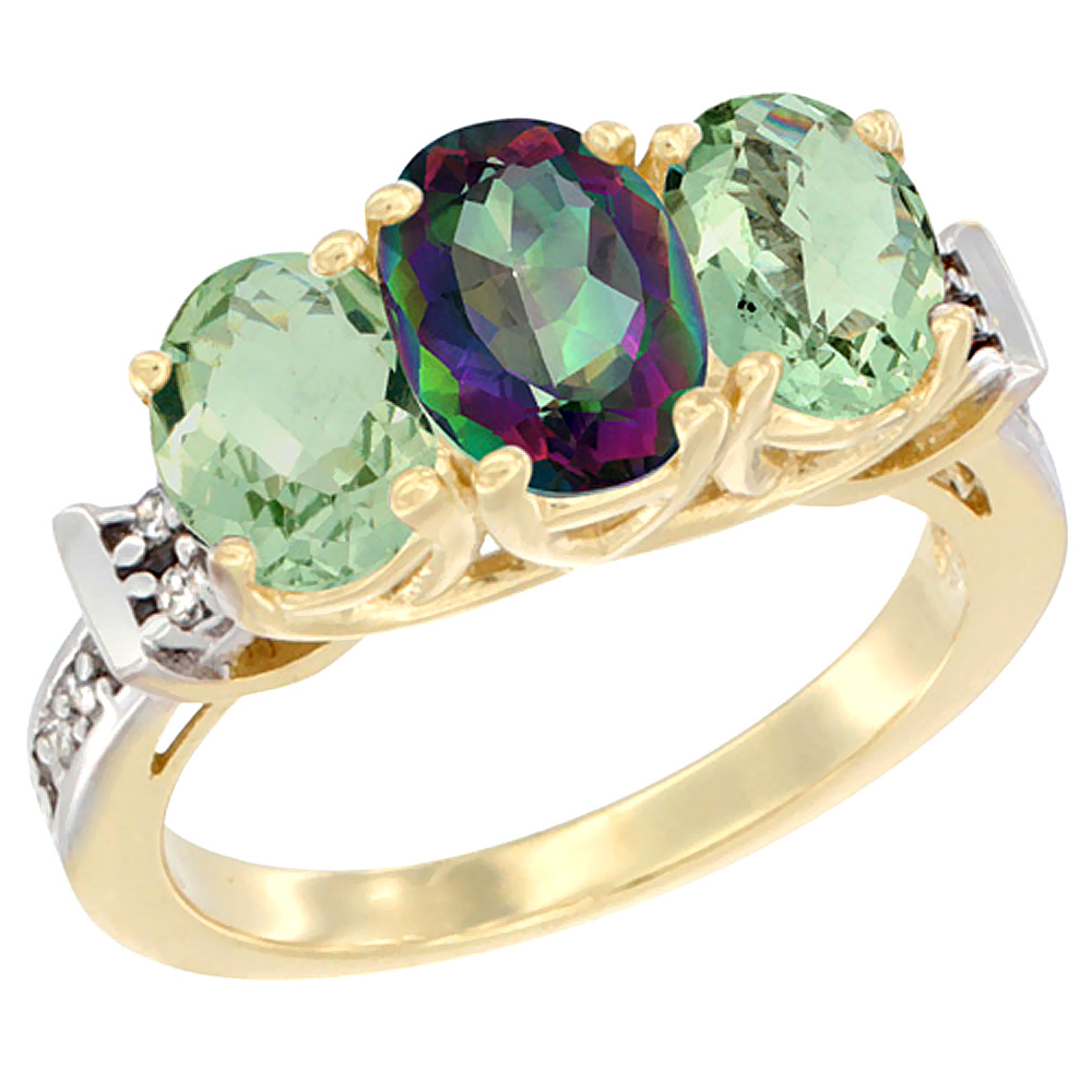 14K Yellow Gold Natural Mystic Topaz & Green Amethyst Sides Ring 3-Stone Oval Diamond Accent, sizes 5 - 10