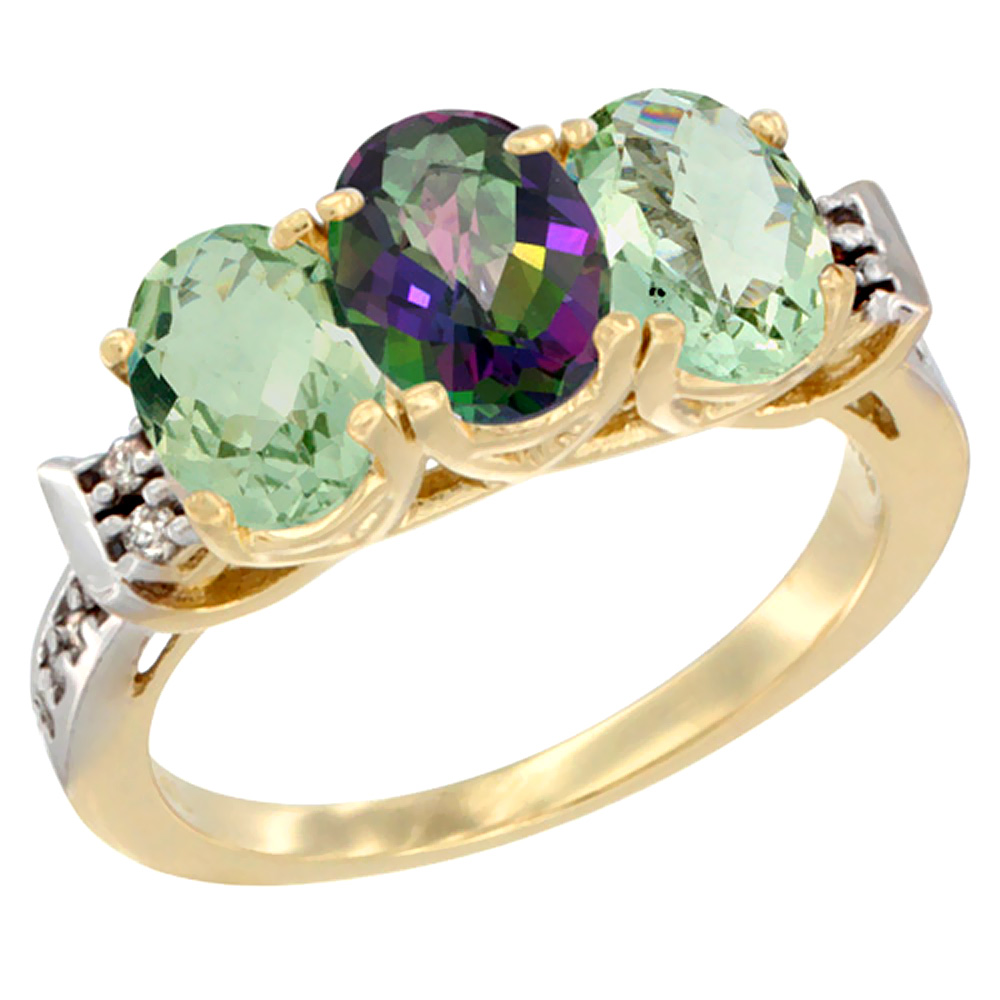 14K Yellow Gold Natural Mystic Topaz & Green Amethyst Sides Ring 3-Stone 7x5 mm Oval Diamond Accent, sizes 5 - 10