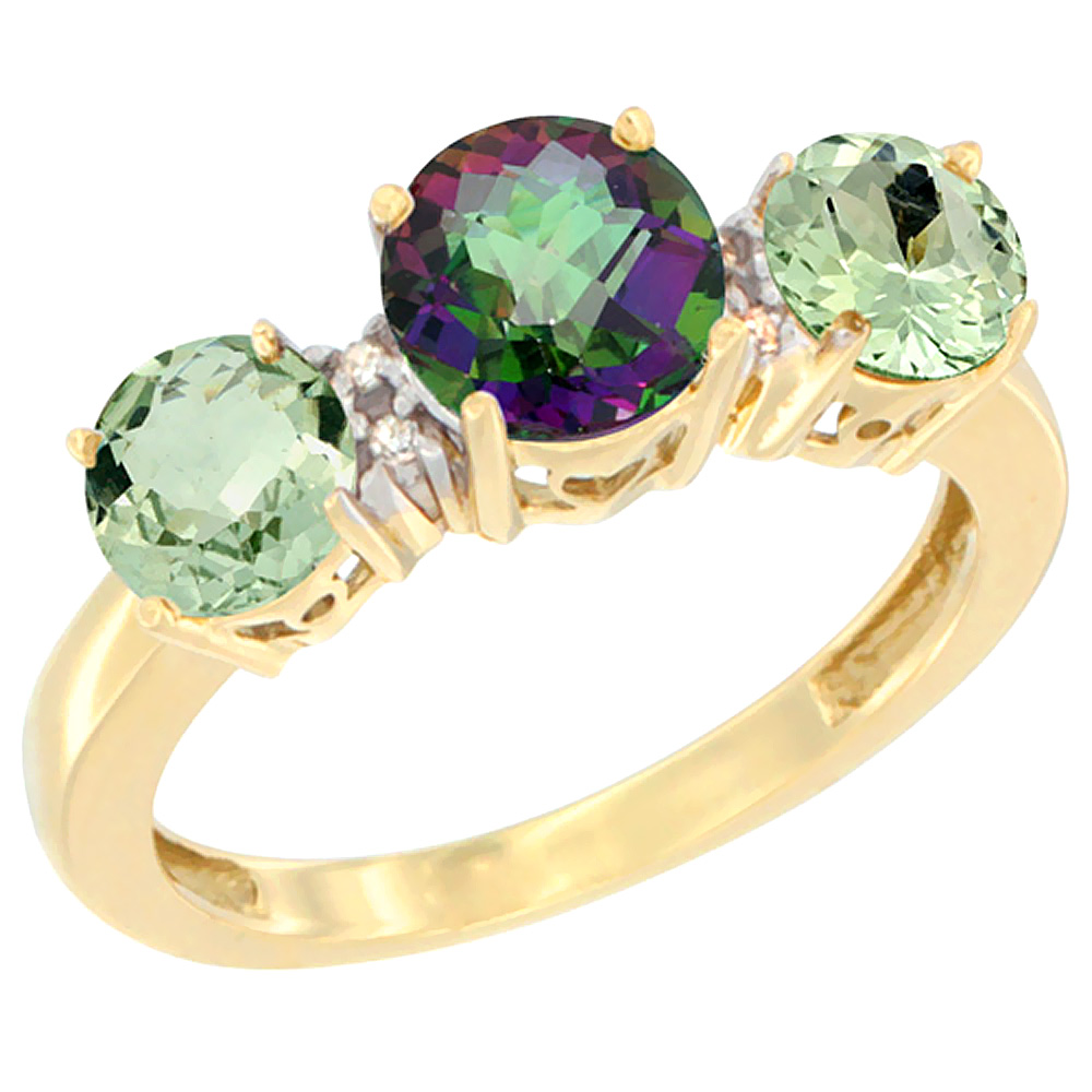10K Yellow Gold Round 3-Stone Natural Mystic Topaz Ring & Green Amethyst Sides Diamond Accent, sizes 5 - 10