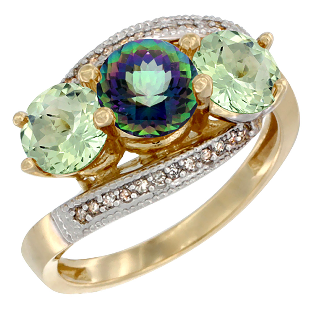 10K Yellow Gold Natural Mystic Topaz &amp; Green Amethyst Sides 3 stone Ring Round 6mm Diamond Accent, sizes 5 - 10