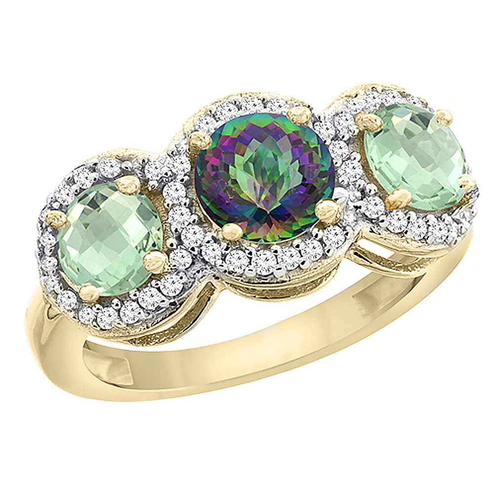10K Yellow Gold Natural Mystic Topaz & Green Amethyst Sides Round 3-stone Ring Diamond Accents, sizes 5 - 10