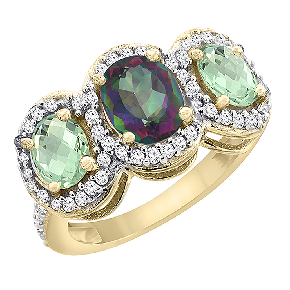 10K Yellow Gold Natural Mystic Topaz &amp; Green Amethyst 3-Stone Ring Oval Diamond Accent, sizes 5 - 10