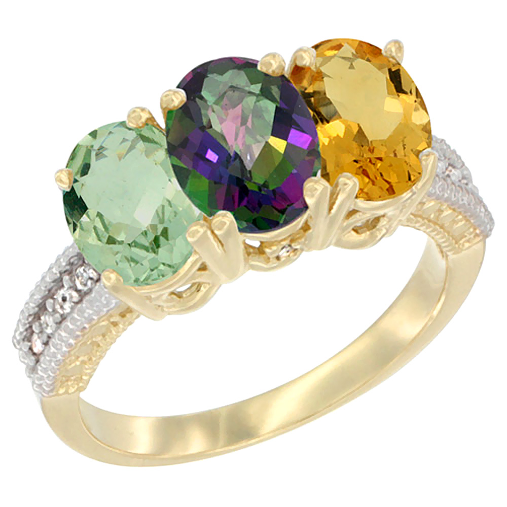 14K Yellow Gold Natural Green Amethyst, Mystic Topaz &amp; Citrine Ring 3-Stone 7x5 mm Oval Diamond Accent, sizes 5 - 10
