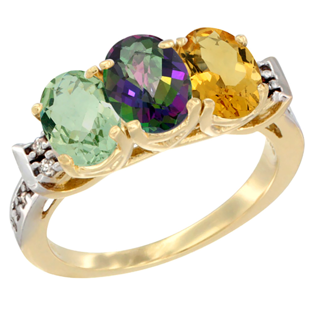 14K Yellow Gold Natural Green Amethyst, Mystic Topaz &amp; Citrine Ring 3-Stone 7x5 mm Oval Diamond Accent, sizes 5 - 10