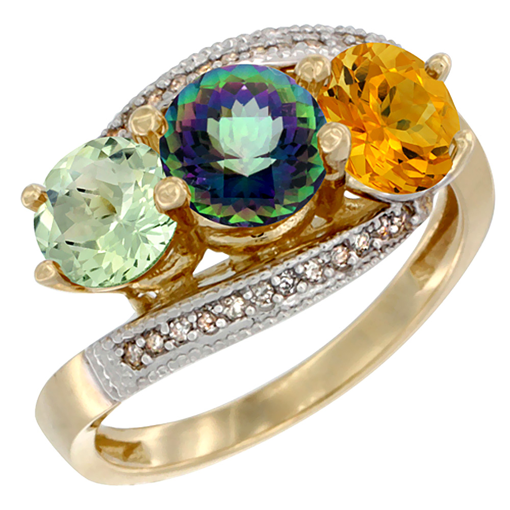14K Yellow Gold Natural Green Amethyst, Mystic Topaz &amp; Citrine 3 stone Ring Round 6mm Diamond Accent, sizes 5 - 10