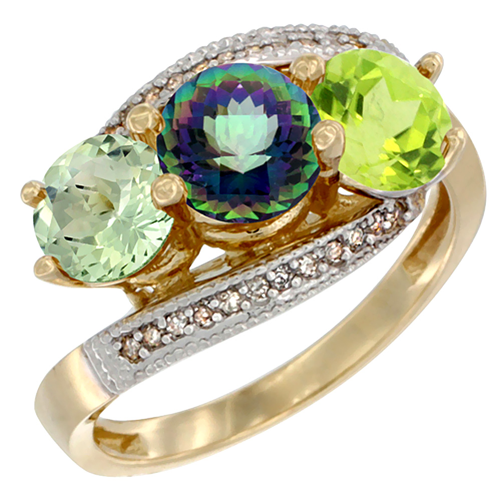 10K Yellow Gold Natural Green Amethyst, Mystic Topaz & Peridot 3 stone Ring Round 6mm Diamond Accent, sizes 5 - 10