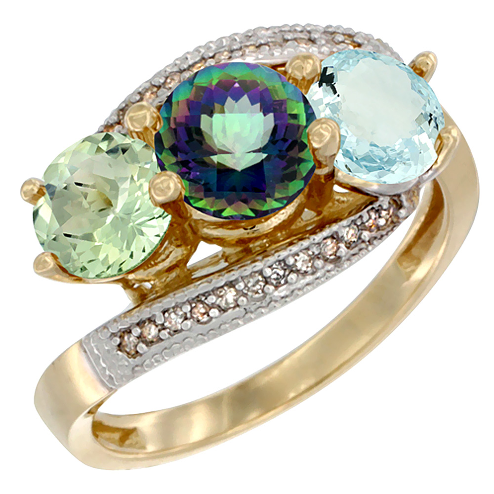 10K Yellow Gold Natural Green Amethyst, Mystic Topaz & Aquamarine 3 stone Ring Round 6mm Diamond Accent, sizes 5 - 10