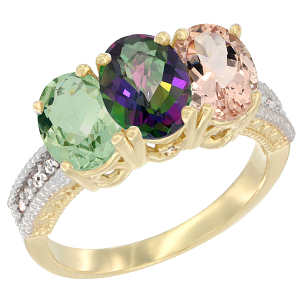 14K Yellow Gold Natural Green Amethyst, Mystic Topaz &amp; Morganite Ring 3-Stone 7x5 mm Oval Diamond Accent, sizes 5 - 10