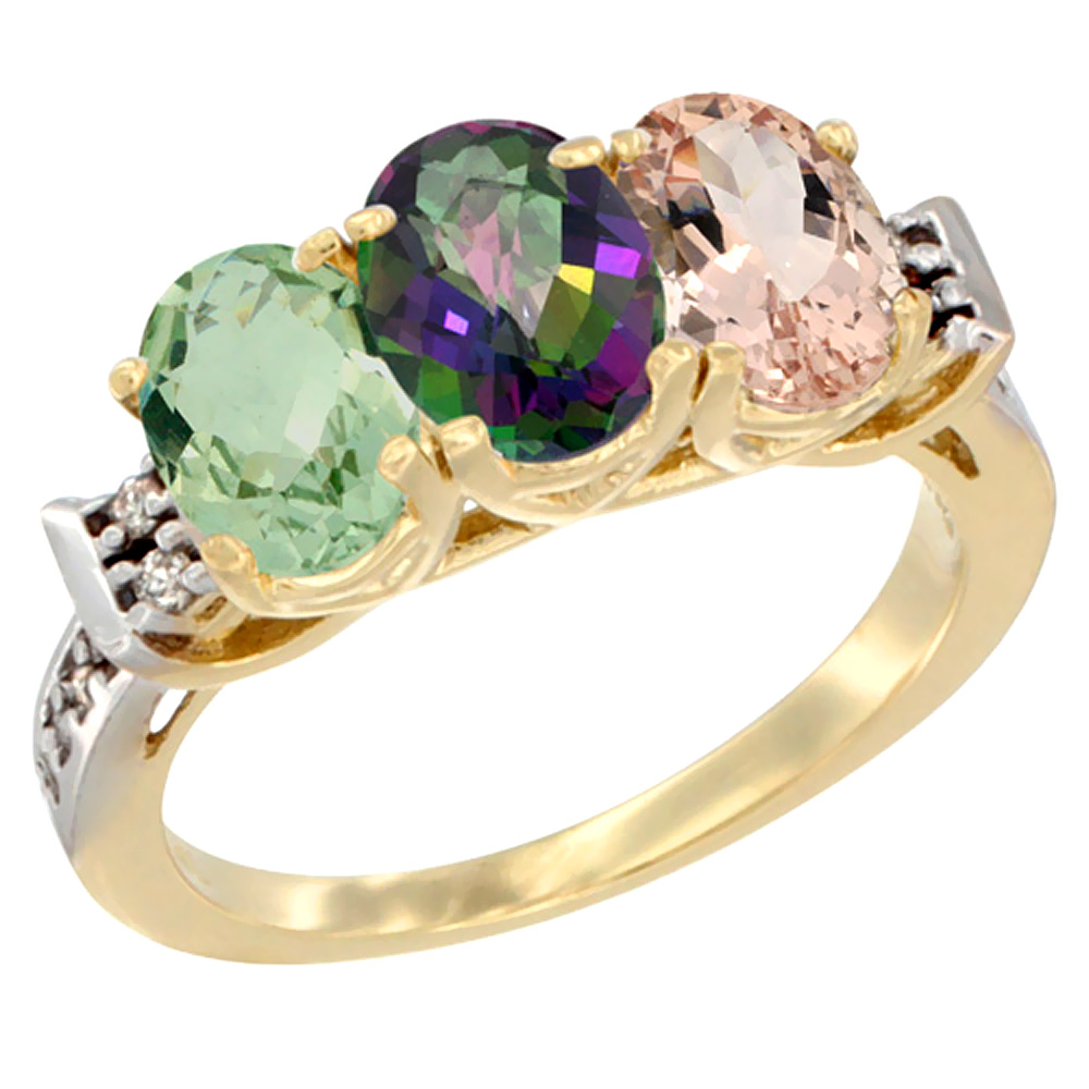 10K Yellow Gold Natural Green Amethyst, Mystic Topaz &amp; Morganite Ring 3-Stone Oval 7x5 mm Diamond Accent, sizes 5 - 10