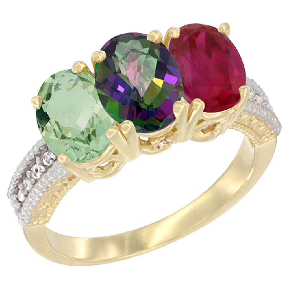 14K Yellow Gold Natural Green Amethyst, Mystic Topaz &amp; Enhanced Ruby Ring 3-Stone 7x5 mm Oval Diamond Accent, sizes 5 - 10