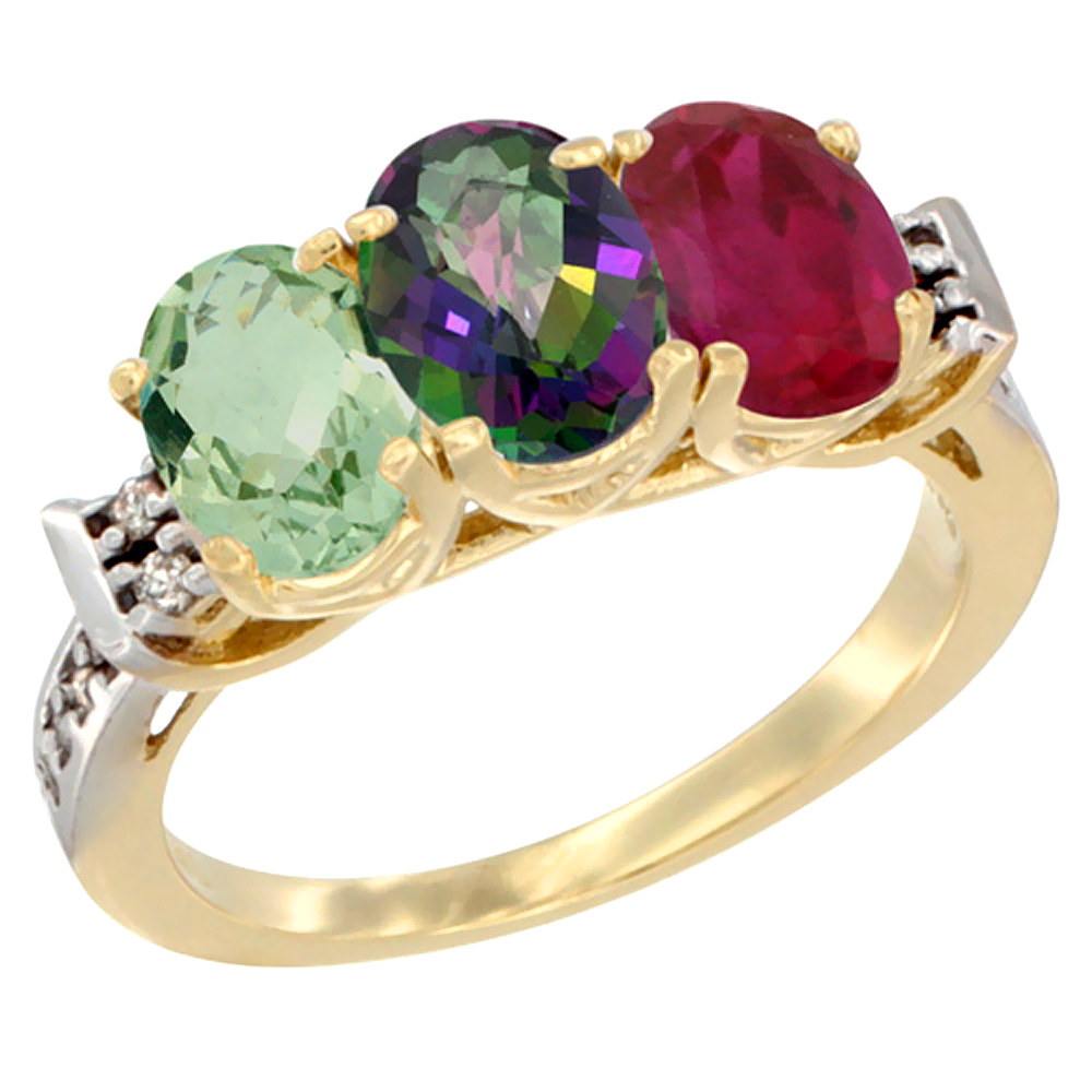 14K Yellow Gold Natural Green Amethyst, Mystic Topaz & Enhanced Ruby Ring 3-Stone 7x5 mm Oval Diamond Accent, sizes 5 - 10