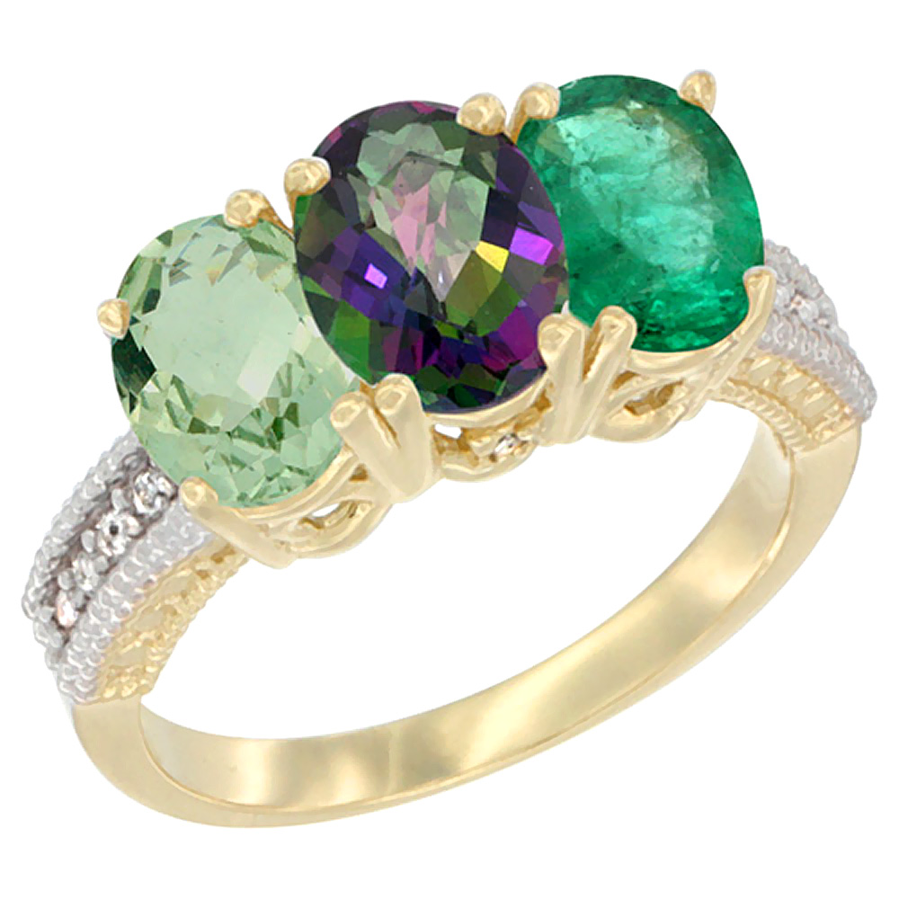 14K Yellow Gold Natural Green Amethyst, Mystic Topaz &amp; Emerald Ring 3-Stone 7x5 mm Oval Diamond Accent, sizes 5 - 10