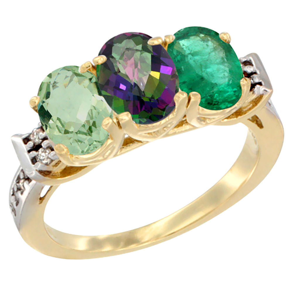 14K Yellow Gold Natural Green Amethyst, Mystic Topaz & Emerald Ring 3-Stone 7x5 mm Oval Diamond Accent, sizes 5 - 10