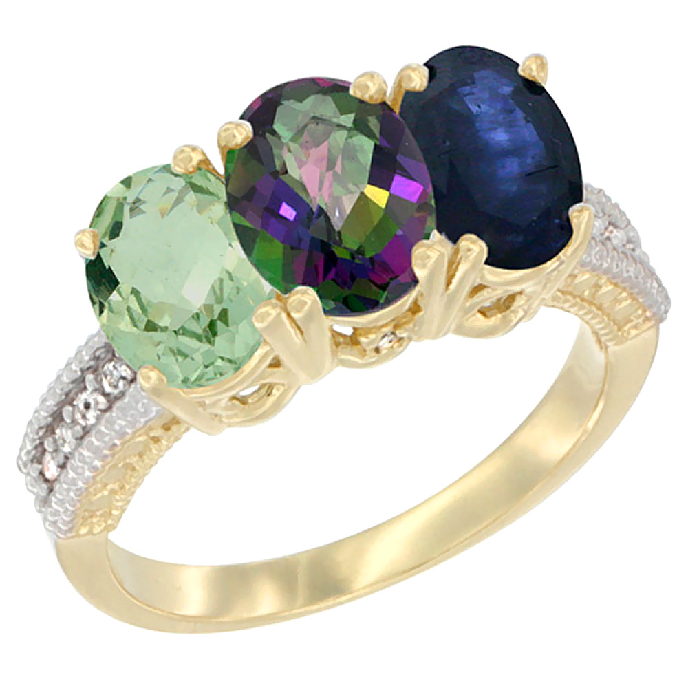 14K Yellow Gold Natural Green Amethyst, Mystic Topaz &amp; Blue Sapphire Ring 3-Stone 7x5 mm Oval Diamond Accent, sizes 5 - 10