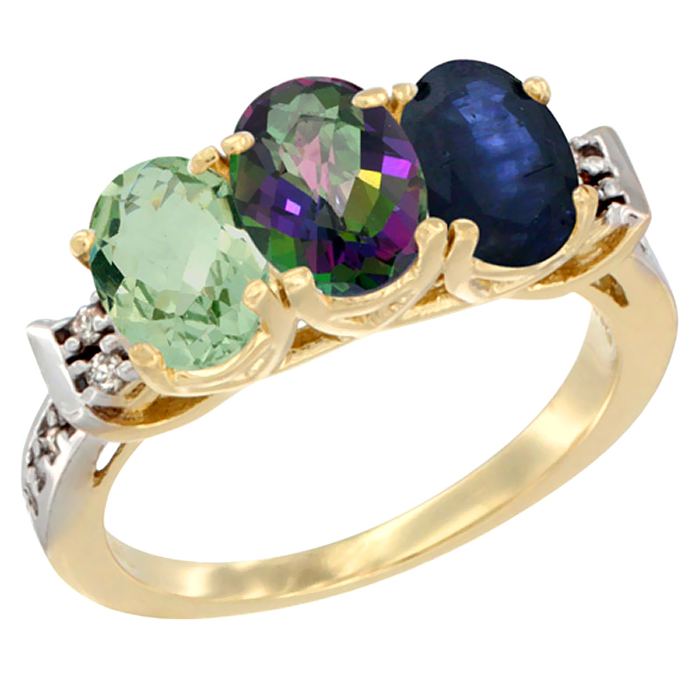14K Yellow Gold Natural Green Amethyst, Mystic Topaz &amp; Blue Sapphire Ring 3-Stone 7x5 mm Oval Diamond Accent, sizes 5 - 10