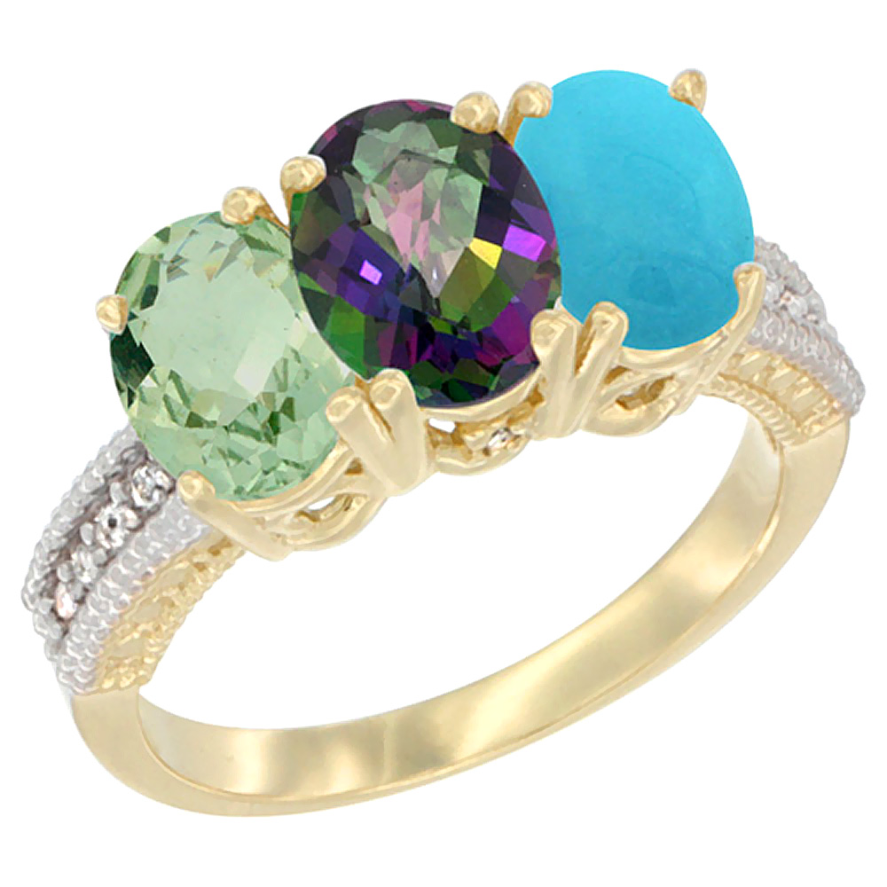 14K Yellow Gold Natural Green Amethyst, Mystic Topaz & Turquoise Ring 3-Stone 7x5 mm Oval Diamond Accent, sizes 5 - 10
