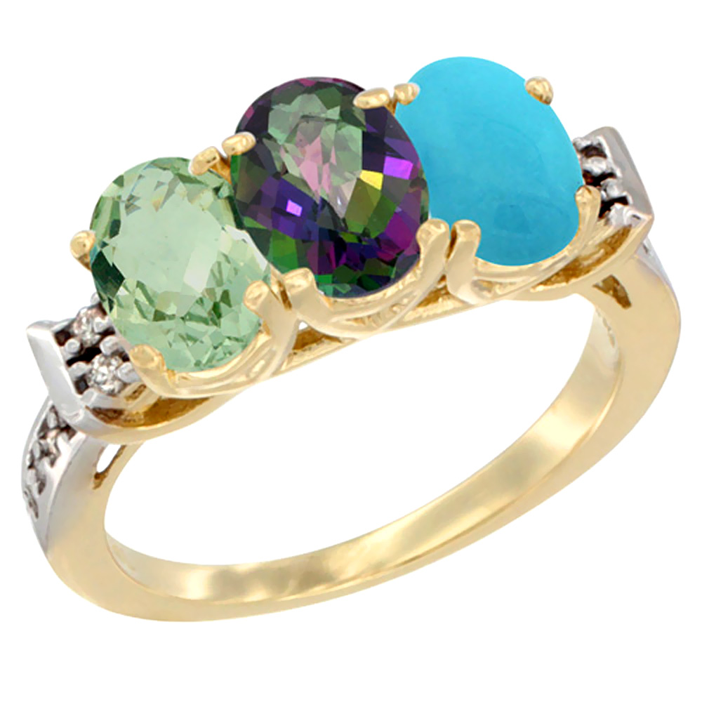 10K Yellow Gold Natural Green Amethyst, Mystic Topaz &amp; Turquoise Ring 3-Stone Oval 7x5 mm Diamond Accent, sizes 5 - 10