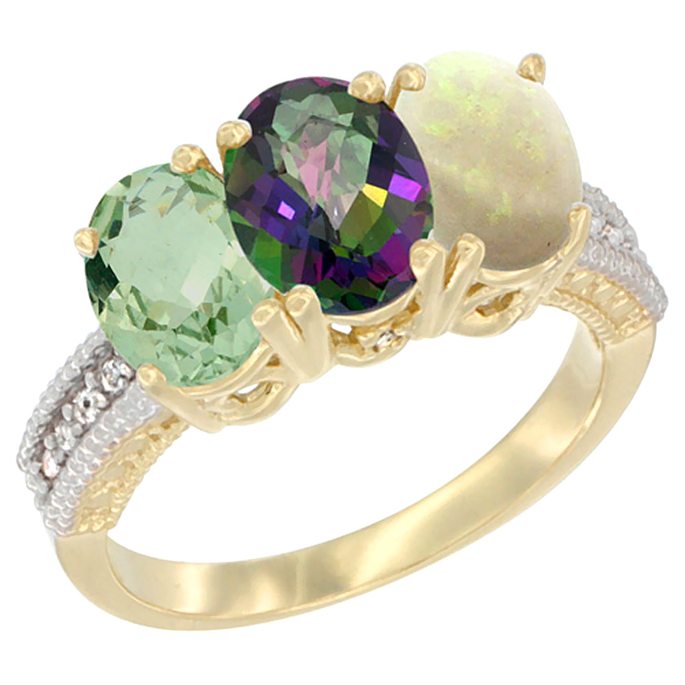 14K Yellow Gold Natural Green Amethyst, Mystic Topaz & Opal Ring 3-Stone 7x5 mm Oval Diamond Accent, sizes 5 - 10