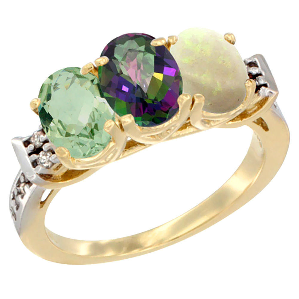 14K Yellow Gold Natural Green Amethyst, Mystic Topaz &amp; Opal Ring 3-Stone 7x5 mm Oval Diamond Accent, sizes 5 - 10