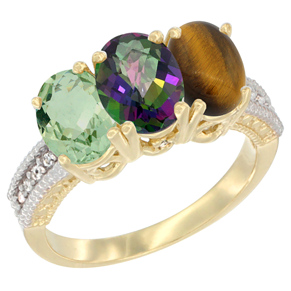 14K Yellow Gold Natural Green Amethyst, Mystic Topaz & Tiger Eye Ring 3-Stone 7x5 mm Oval Diamond Accent, sizes 5 - 10