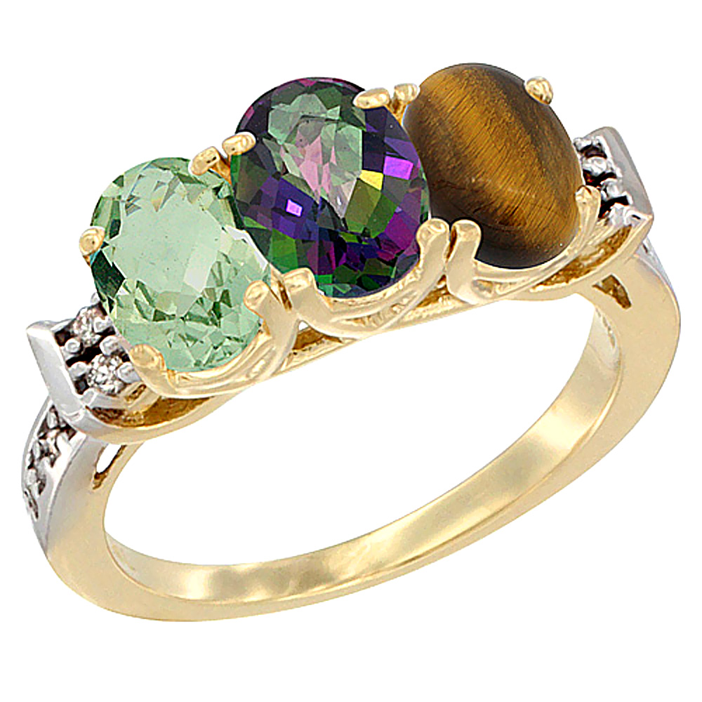 10K Yellow Gold Natural Green Amethyst, Mystic Topaz &amp; Tiger Eye Ring 3-Stone Oval 7x5 mm Diamond Accent, sizes 5 - 10
