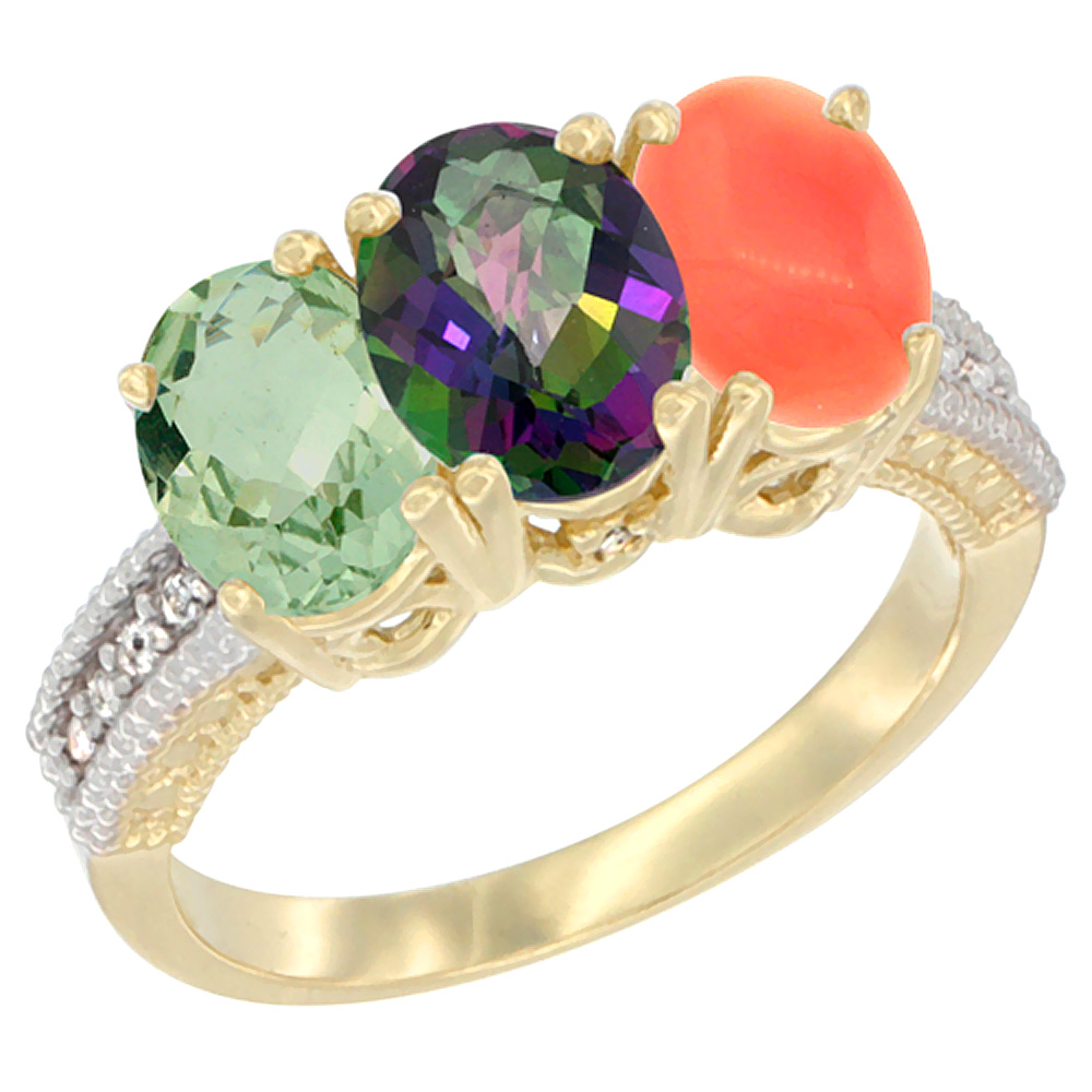 14K Yellow Gold Natural Green Amethyst, Mystic Topaz & Coral Ring 3-Stone 7x5 mm Oval Diamond Accent, sizes 5 - 10