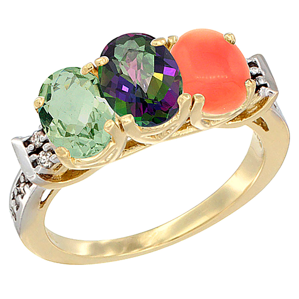 14K Yellow Gold Natural Green Amethyst, Mystic Topaz & Coral Ring 3-Stone 7x5 mm Oval Diamond Accent, sizes 5 - 10
