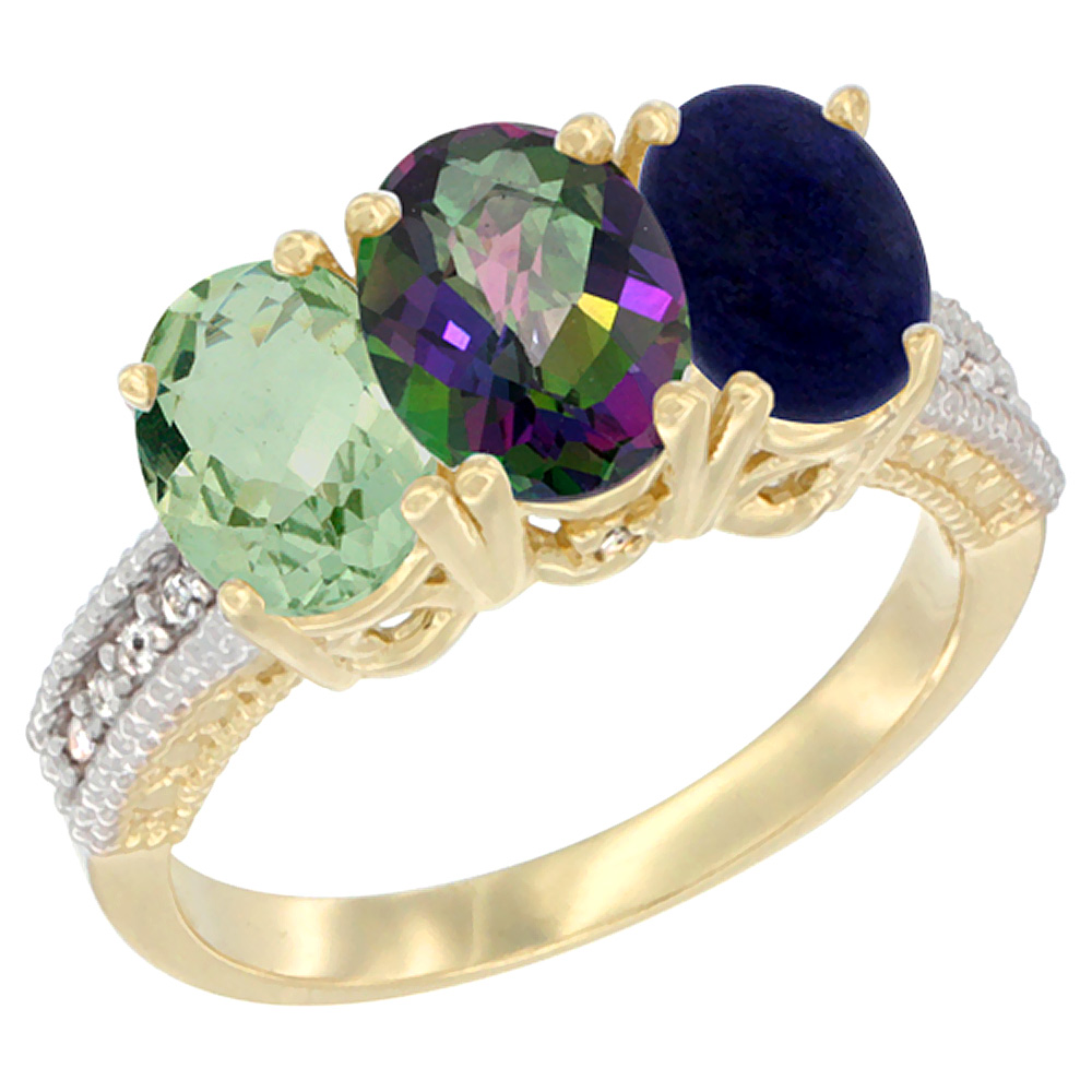 14K Yellow Gold Natural Green Amethyst, Mystic Topaz & Lapis Ring 3-Stone 7x5 mm Oval Diamond Accent, sizes 5 - 10
