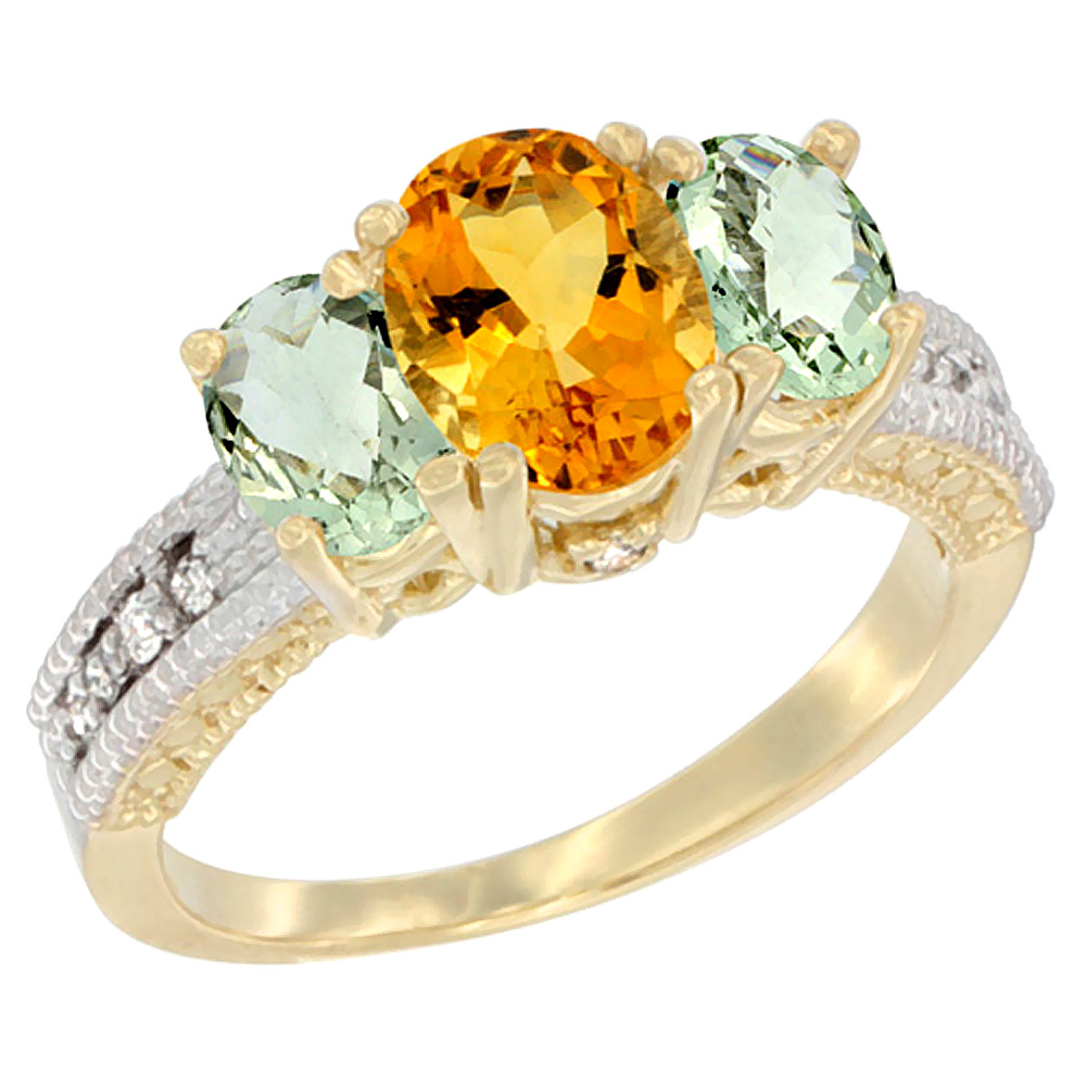 10K Yellow Gold Diamond Natural Citrine Ring Oval 3-stone with Green Amethyst, sizes 5 - 10