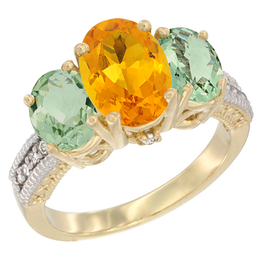 14K Yellow Gold Diamond Natural Citrine Ring 3-Stone Oval 8x6mm with Green Amethyst, sizes5-10