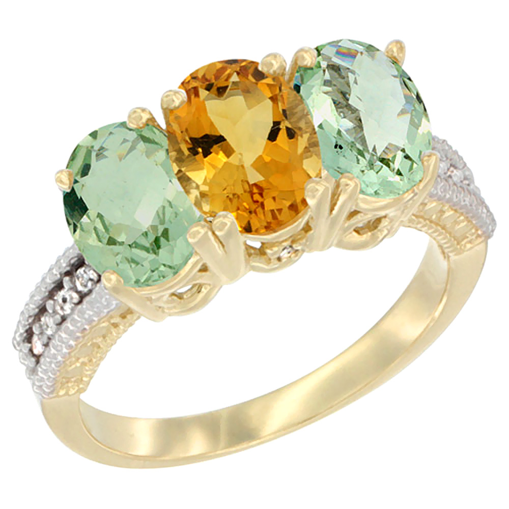 10K Yellow Gold Diamond Natural Citrine &amp; Green Amethyst Sides Ring 3-Stone Oval 7x5 mm, sizes 5 - 10