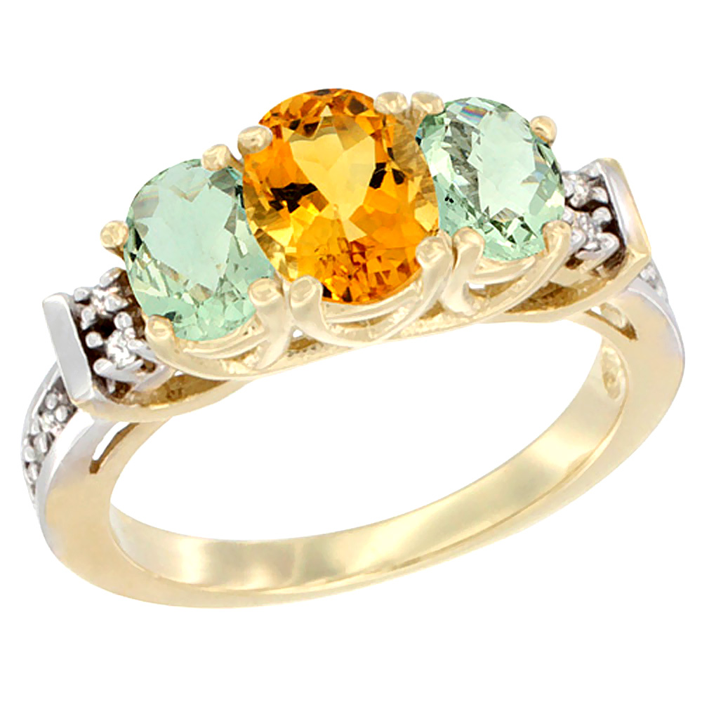 14K Yellow Gold Natural Citrine & Green Amethyst Ring 3-Stone Oval Diamond Accent